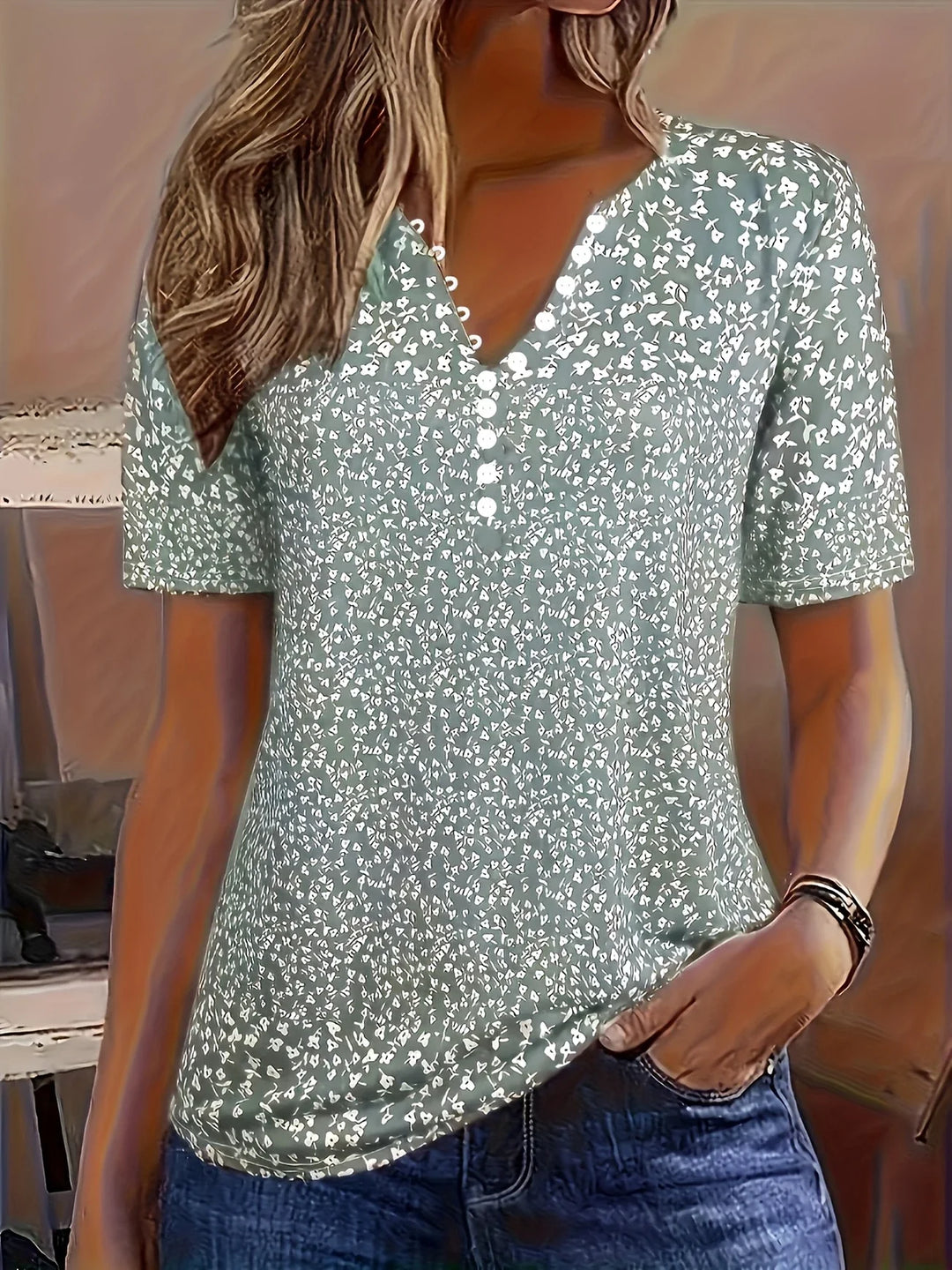 Casual Summer Top with V-Neck, Button Closure, and Short Sleeves