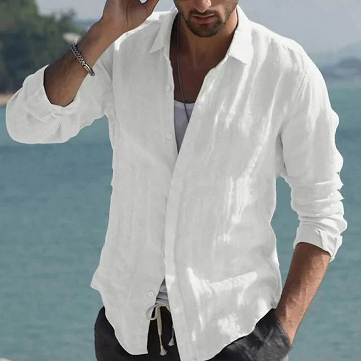Vintage Solid Linen Shirt with Turn-Down Collar