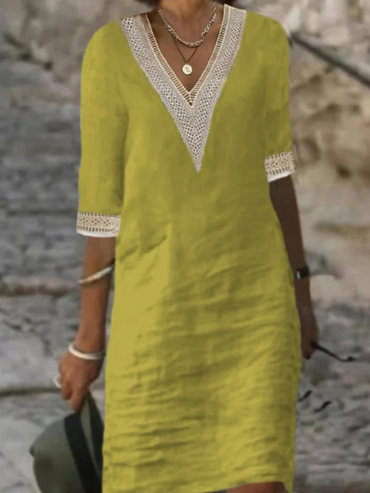 Women's Casual Dress Linen Blend V-Neck Lace Trim