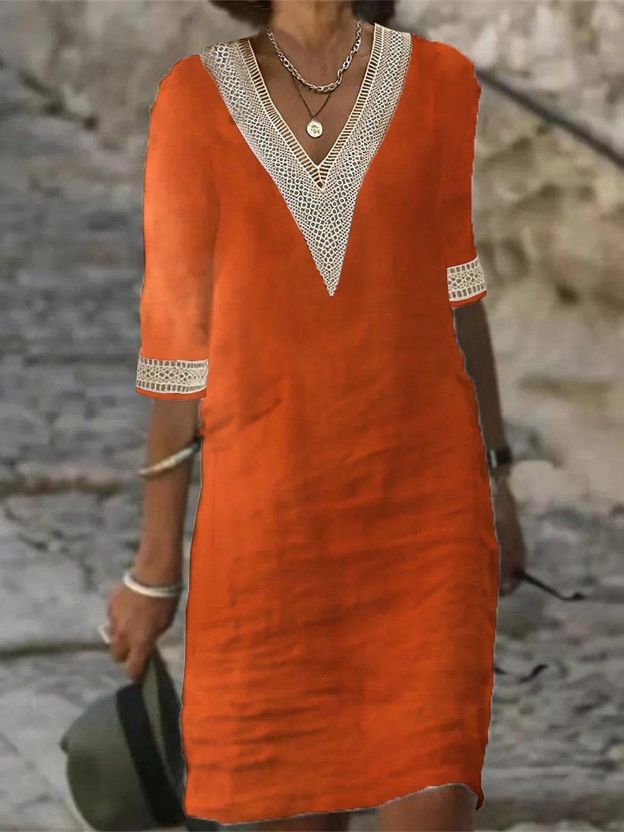 Women's Casual Dress Linen Blend V-Neck Lace Trim