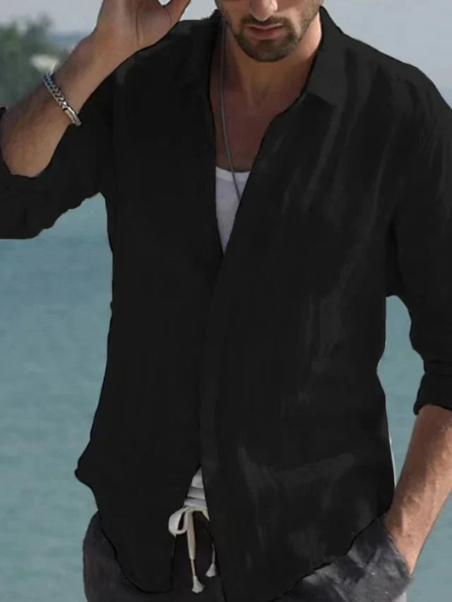 Vintage Solid Linen Shirt with Turn-Down Collar