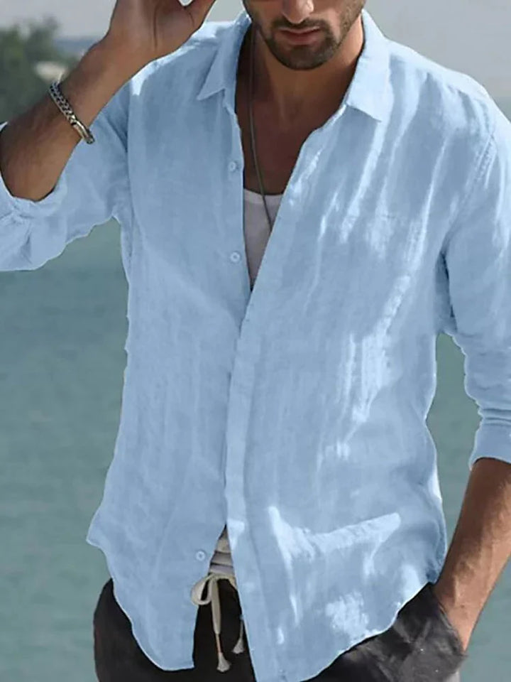 Vintage Solid Linen Shirt with Turn-Down Collar