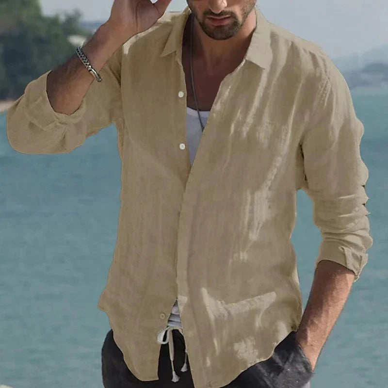Vintage Solid Linen Shirt with Turn-Down Collar